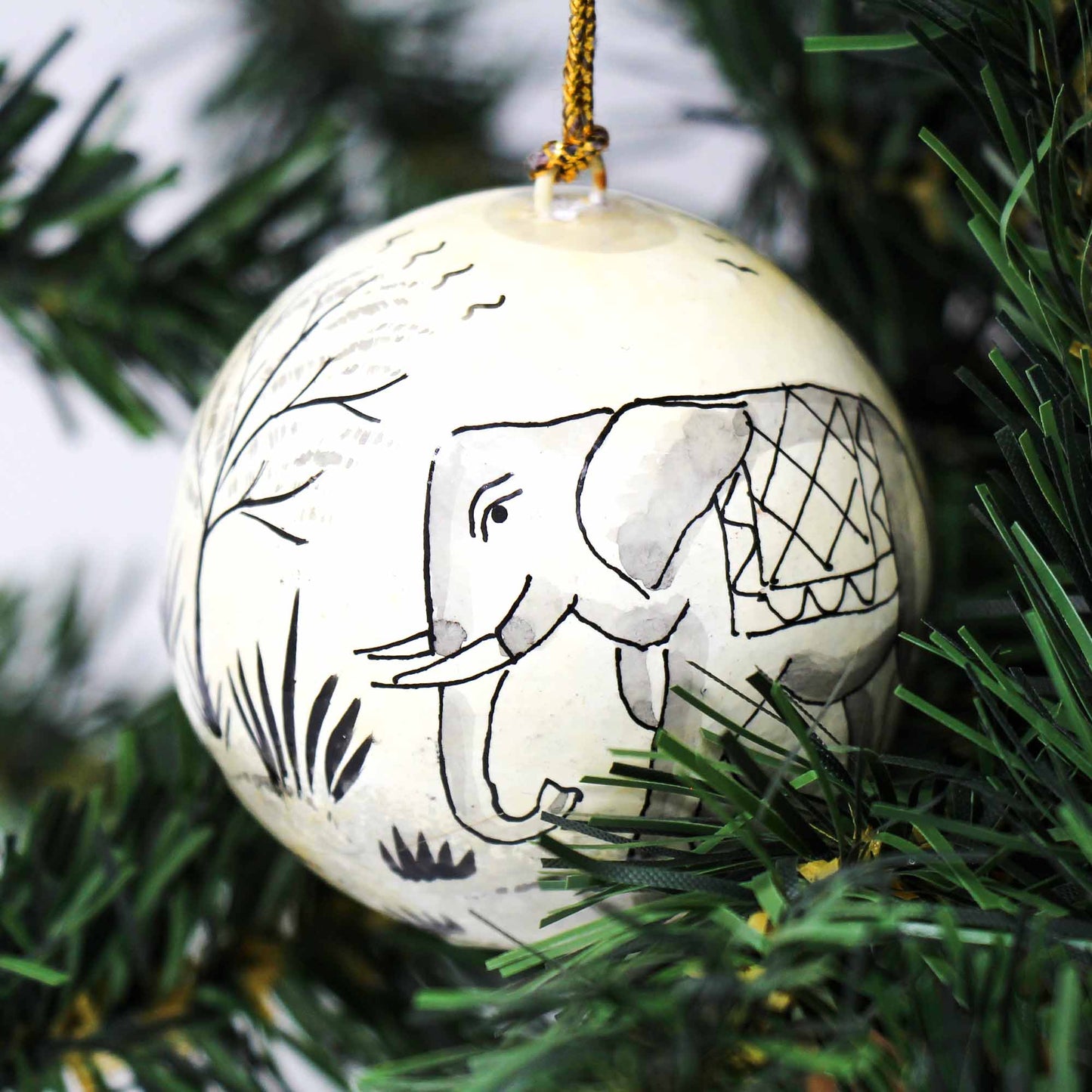 Handpainted Elephant & Bird Ornaments, Set of 2