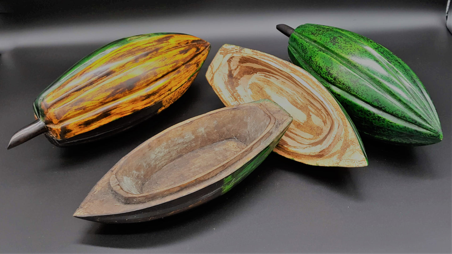 Jewelry Cocoa Pods, carved from native sese wood.