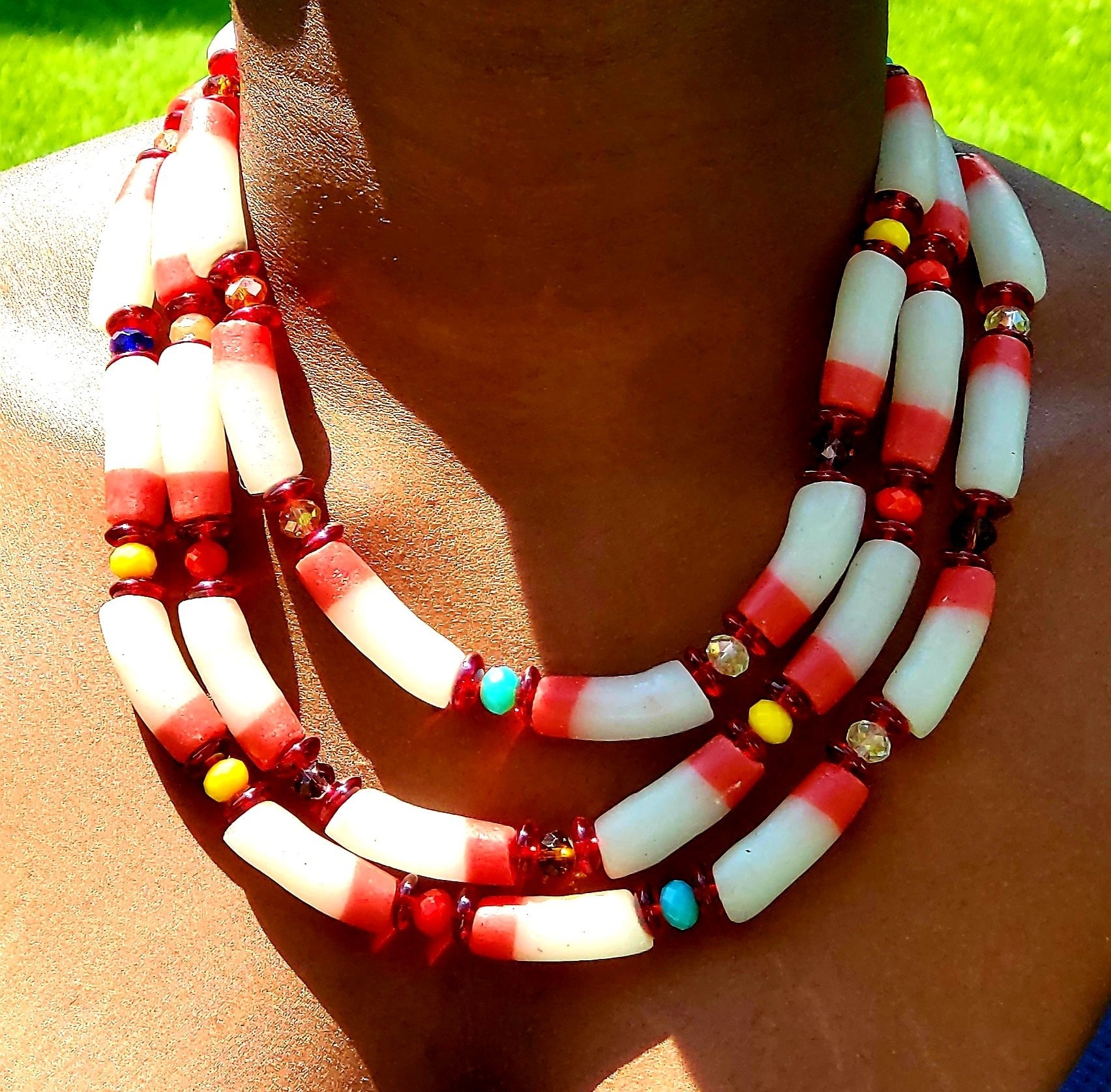 White glass bead necklace with red accents, Traditional Ghana, w/metal clasp