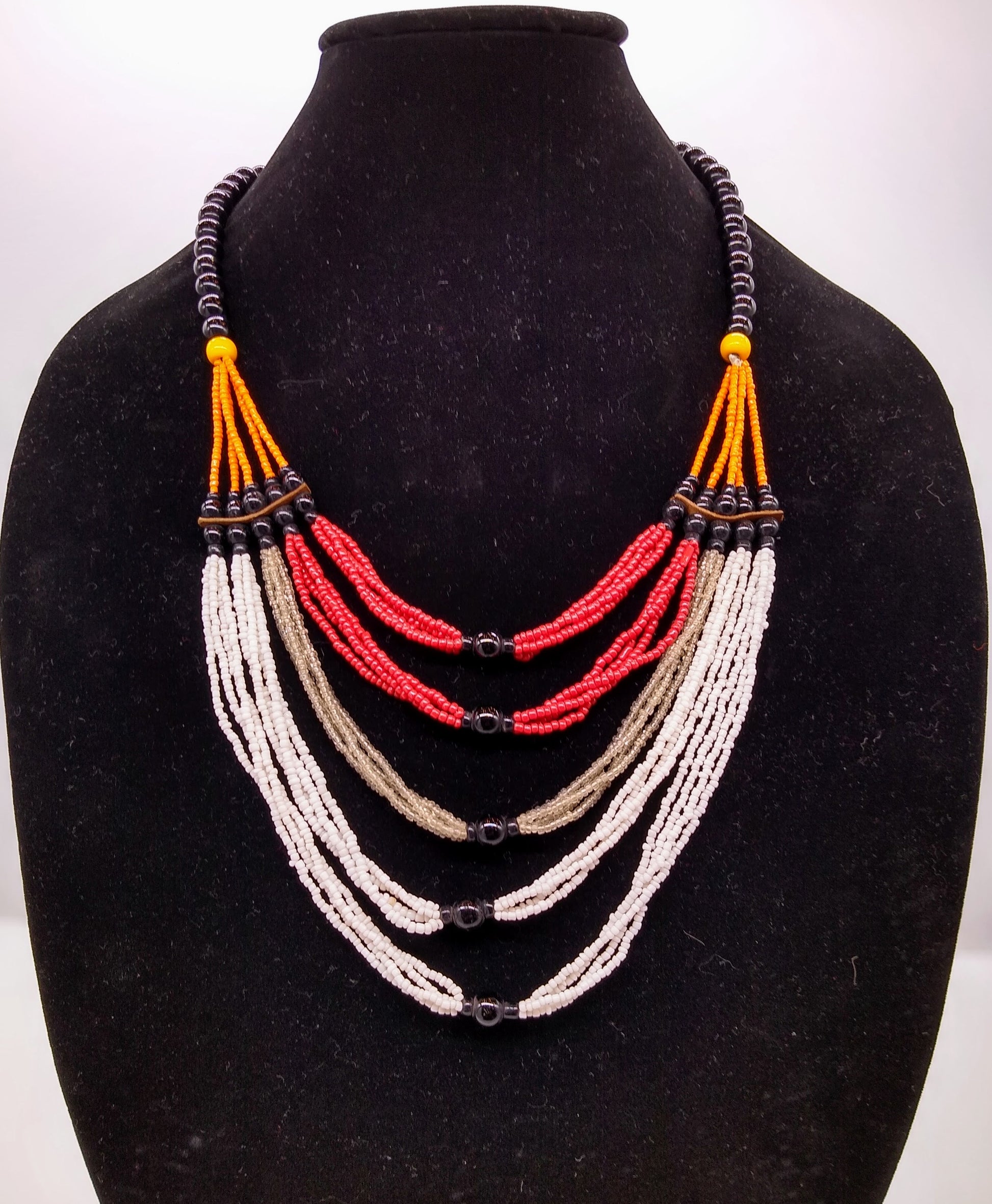 white, red, and yellow colored beaded evelyn necklace